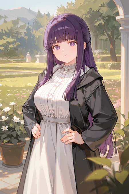 1girl, fern \(sousou no frieren\), solo, large breasts, black coat, long white dress, cowboy shot, standing, looking at viewer, pout, :t, hands on hips, garden, outdoors, depth of field <lora:Char-Fern-IL-V1:0.8:hr=0.6>, ciloranko, alphonse \(white datura\), ask \(askzy\), gomzi, you shimizu
masterpiece, best quality, amazing quality, very aesthetic, absurdres, newest, (scenery, volumetric lighting), ray tracing, (bloom:1.4), cinematic