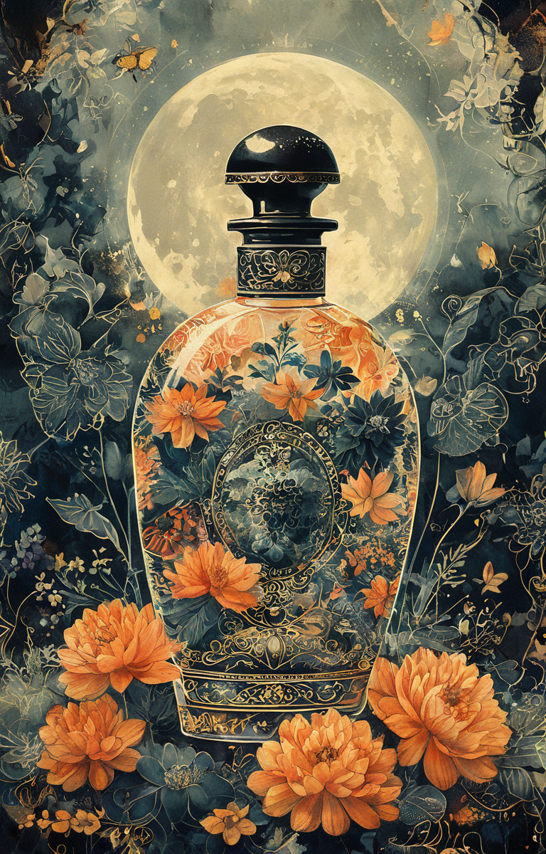 masterpiece,best quality,<lora:tbh36-sdxl:0.9>,illustration, A bottle of perfume in garden