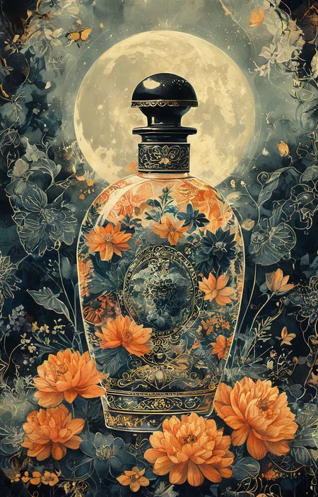 masterpiece,best quality,<lora:tbh36-sdxl:0.9>,illustration, A bottle of perfume in garden