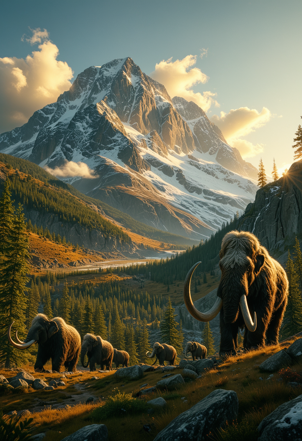 far and wide angle, Cinematic scene, realistic, woolly Mammoths roam the land, their large woolly forms casting long shadows in the golden sunlight, majestic mountain rises high, its snow-capped peak piercing the sky, while the surrounding landscape features lush green forests, The mountain's slopes are covered in dense foliage, with vibrant trees and rich vegetation, a breathtaking contrast, rugged icy cliffs, ancient grandeur, capturing the beauty and power of nature in a prehistoric world, <lora:MJ52:0.5>, <lora:CinematicStyle_v1:0.5>, <lora:add-detail-xl:1>
