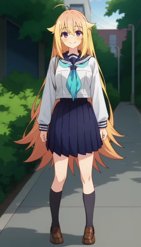 score_9,score_8_up,score_7_up,score_6_up BREAK official art,solo,outdoors,cowboy shot,looking at viewer,facing viewer,smile,blush,Koshi Torako,ahoge,very long hair,blonde hair,hair flaps,sidelocks,hair between eyes,bangs,purple eyes,school uniform,blue sailor collar,blue neckerchief,white shirt,long sleeves,blue skirt,pleated skirt,black socks,loafers,brown footwear,<lora:Koshi Torako(snk)-Pony:1.6>,