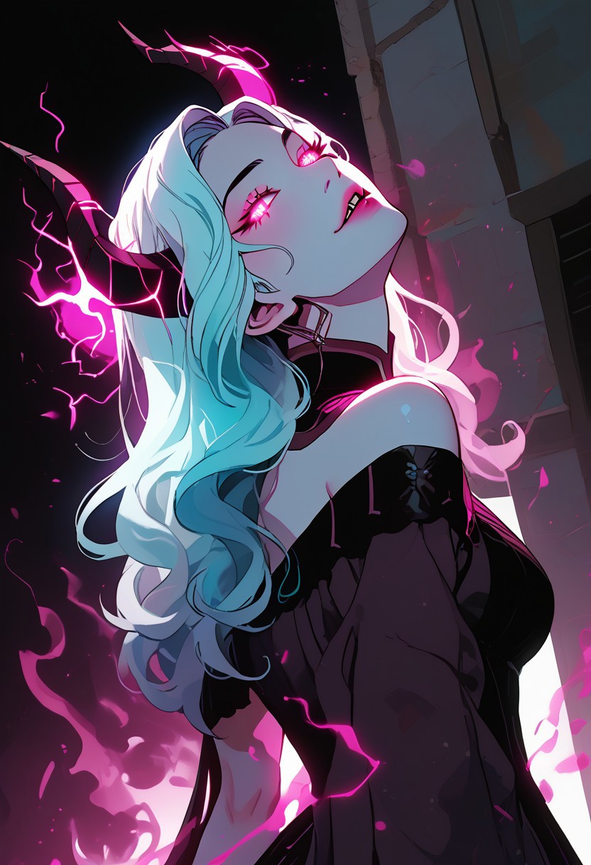 view from below, score_9, score_8_up, semi-realistic, fantasy style, 1girl, (very pretty woman), innocent sinister, dark pink purple cyan wild hair, (glowing neon white eyes), purple skin, bare shoulders, exquisite black lace intricate gilded robe, epic horns, flat expression, parted lips, fangs, dragon priestess, demonette, medium breasts, looking at viewer, tilted head, beautiful, twisted, feminine, dynamic, (swirling corrupted magic energy), shaft head tilt, full body shot, pink purple cyan, energy, magic, intense, epic, masterpiece, beautiful, terrifying, powerful magic aura, villainous, sharp focus