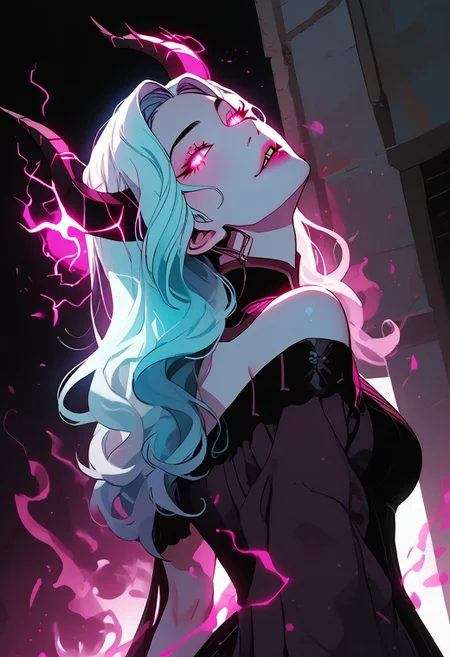 view from below, score_9, score_8_up, semi-realistic, fantasy style, 1girl, (very pretty woman), innocent sinister, dark pink purple cyan wild hair, (glowing neon white eyes), purple skin, bare shoulders, exquisite black lace intricate gilded robe, epic horns, flat expression, parted lips, fangs, dragon priestess, demonette, medium breasts, looking at viewer, tilted head, beautiful, twisted, feminine, dynamic, (swirling corrupted magic energy), shaft head tilt, full body shot, pink purple cyan, energy, magic, intense, epic, masterpiece, beautiful, terrifying, powerful magic aura, villainous, sharp focus