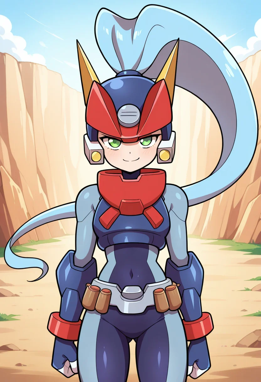 1girl, solo, modelamegarockonmerge, blue hair, long hair, high ponytail, green eyes, helmet, hair through headwear, armor, spandex, metal belt, gauntlets, cowboy shot, straight on, smug, smile, outdoors, quarry,
