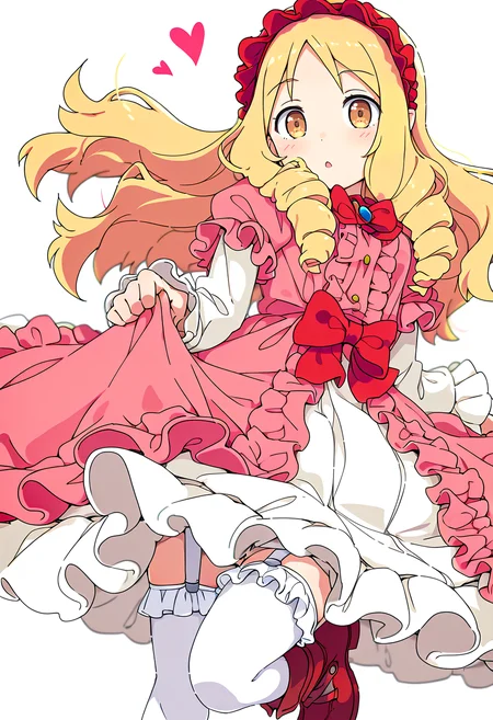 1girl, solo, long hair, looking at viewer, blush, simple background, blonde hair, long sleeves, white background, dress, thighhighs, bow, brown eyes, standing, heart, frills, hairband, shoes, pointy ears, white thighhighs, red bow, garter straps, drill hair, frilled dress, standing on one leg, red footwear, pink dress, red hairband, skirt hold, frilled thighhighs, yamada elf, <lora:v8:0.8>, (very awa:2)