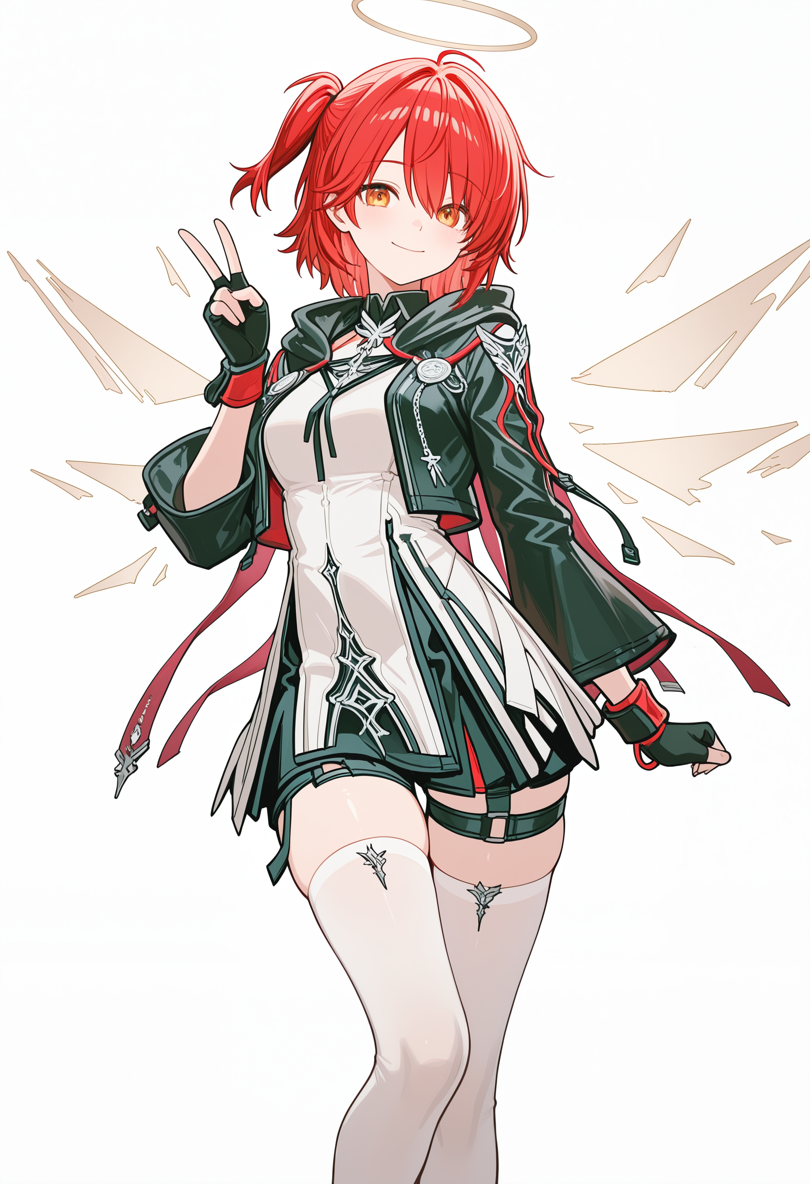 Exusiai the New Covenant,open jacket,one side up,right single ponytail,1girl,solo,white background,simple background,looking at viewer,smile,v,closed mouth,white legwear,cloak,,masterpiece,best quality,newest,absurdres,highres,very awa, <lora:None:1.0> <lora:Exusiai_the_New_Covenant_r1-000012:0.8500000000000002>