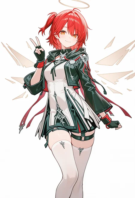 Exusiai the New Covenant,open jacket,one side up,right single ponytail,1girl,solo,white background,simple background,looking at viewer,smile,v,closed mouth,white legwear,cloak,,masterpiece,best quality,newest,absurdres,highres,very awa, <lora:None:1.0> <lora:Exusiai_the_New_Covenant_r1-000012:0.8500000000000002>