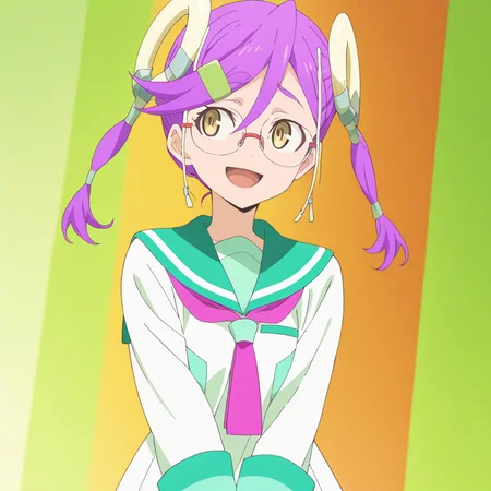 <lora:Baku_Omori-000010>,kuguru uki,1girl,glasses,sailor collar,solo,open mouth,hair ornament,smile,green sailor collar,neckerchief,upper body,shirt,:d,dress,serafuku,multicolored background,raised eyebrows,standing,white dress,looking to the side,necktie,sailor dress,sleeve cuffs,v arms,official art,(anime screenshot:0.1),masterpiece,high score,great score,absurdres,