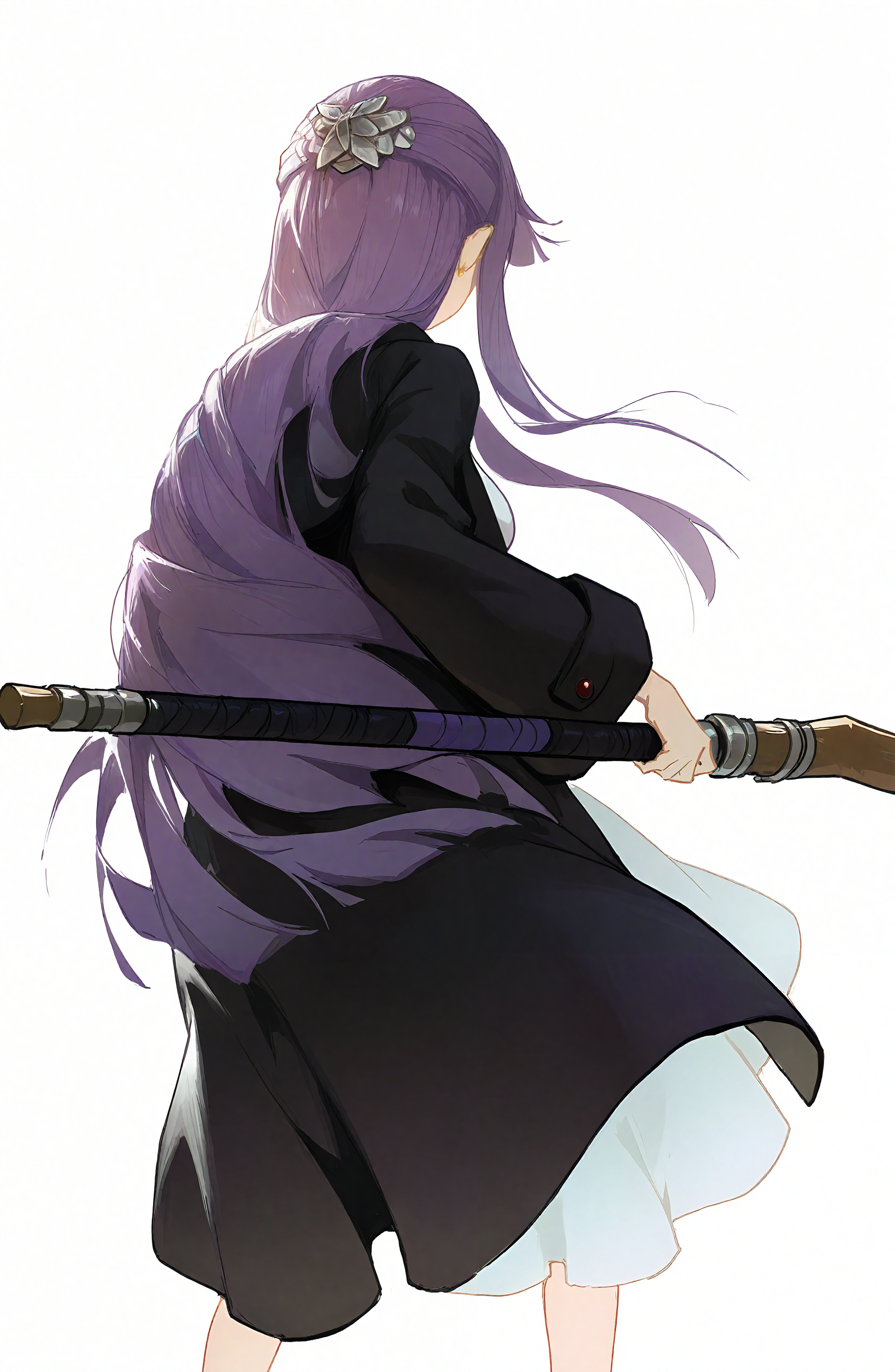fern_\(sousou_no_frieren\), 1girl, solo, long_hair, simple_background, long_sleeves, hair_ornament, white_background, dress, holding, purple_hair, white_dress, from_behind, coat, feet_out_of_frame, staff, black_coat, holding_staff, facing_away, mage_staff