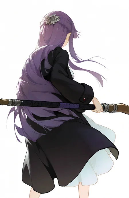 fern_\(sousou_no_frieren\), 1girl, solo, long_hair, simple_background, long_sleeves, hair_ornament, white_background, dress, holding, purple_hair, white_dress, from_behind, coat, feet_out_of_frame, staff, black_coat, holding_staff, facing_away, mage_staff