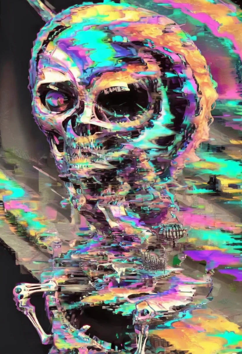 a colorful chibi skeleton cat running toward the viewer, insanely intricate details, distorted glitch <lora:glitched-v1-extracted:1.3>