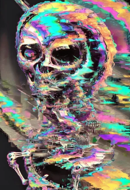 a colorful chibi skeleton cat running toward the viewer, insanely intricate details, distorted glitch <lora:glitched-v1-extracted:1.3>