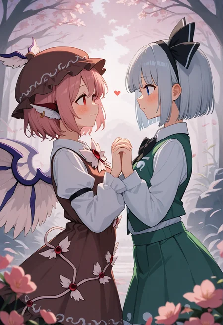 masterpiece,best quality,newest,absurdres,highres,very awa,
2girls, holding hands, blush, looking at each other, smile, hearts BREAK konpaku_youmu, touhou, 1girl, grey_hair, blue_eyes, taller female, BREAK mystia_lorelei, touhou, 1girl, pink_hair, red_eyes, hat