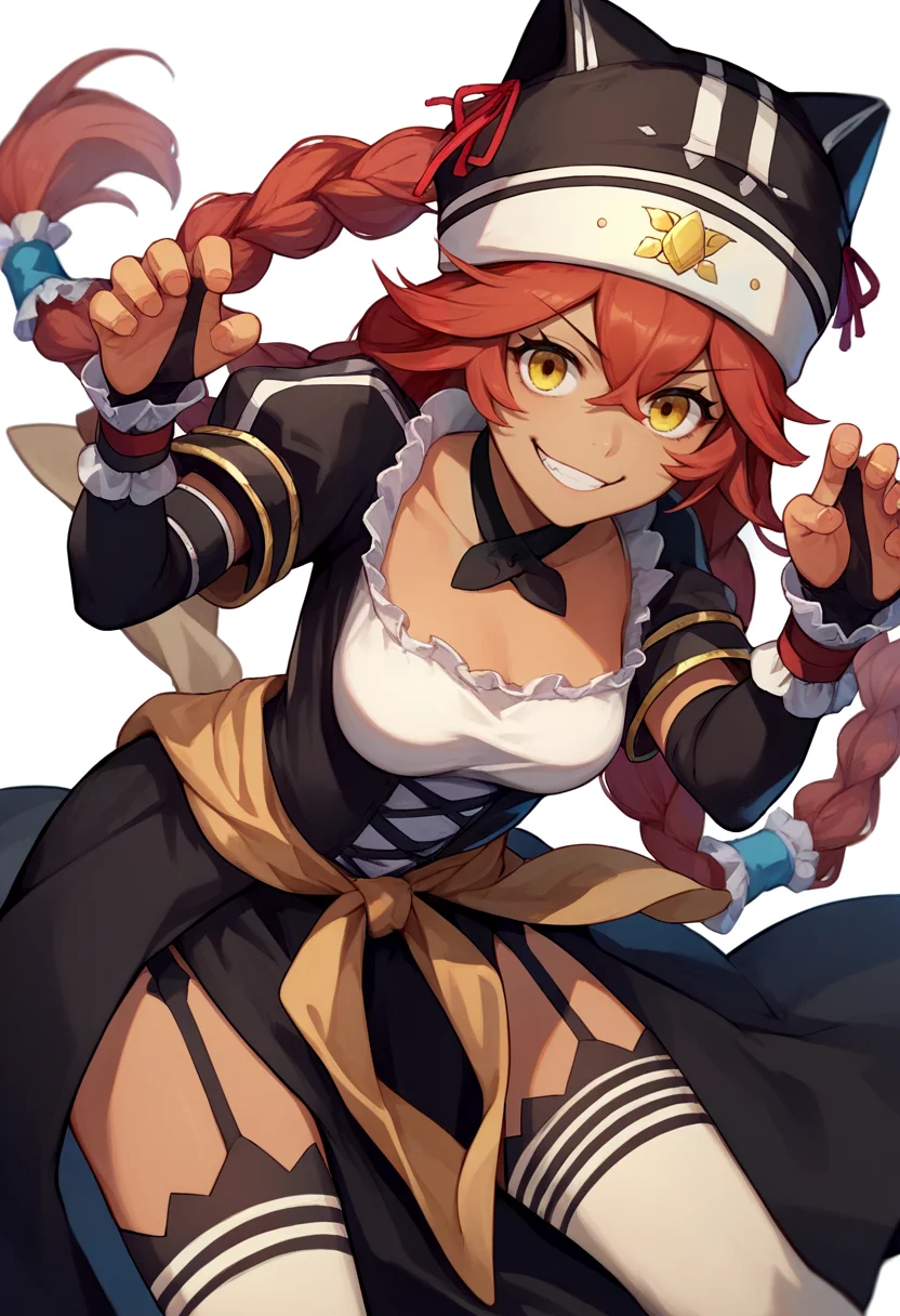 score_9, score_8_up, score_7_up, source_anime, solo, 1girl, lupusregina beta, dark skin, smirk, looking at viewer, paw pose, twin braids, hat, frills, black dress, short sleeves, bridal gauntlets, white thighhighs, garter straps <lora:ol_lupusreginabeta_ponyXL:1>