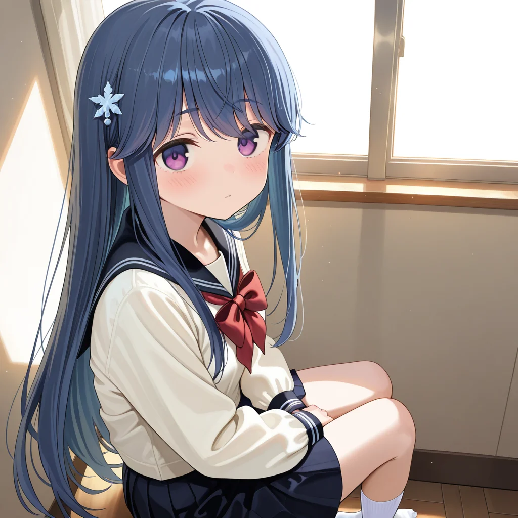 school uniform, white_serafuku,neckerchief, bowtie, black sailor collar, red bow, long sleeves, white socks,looking at viewer, solo, indoor,
1girl,shima rin,,long hair, hair ornament,(large breasts:0.7),
<lora:white_serafuku:0.9>, masterpiece,best quality,amazing quality,ultra detailed, very aesthetic,absurdres,skinny,general,highres, ultra-detailed, amazing quality, newest, scenery,beautiful detailed hair, beautiful detailed eyes, beautiful detailed face, dynamic lighting, super detailed skin,sharp focus,