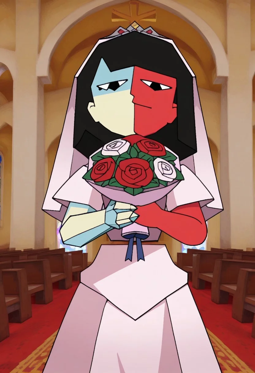 solo, ENADB, two-tone skin, blocky body, half shot, surrealism, red skin, pale yellow skin, bridal dress, church, bouquet, looking at viewer