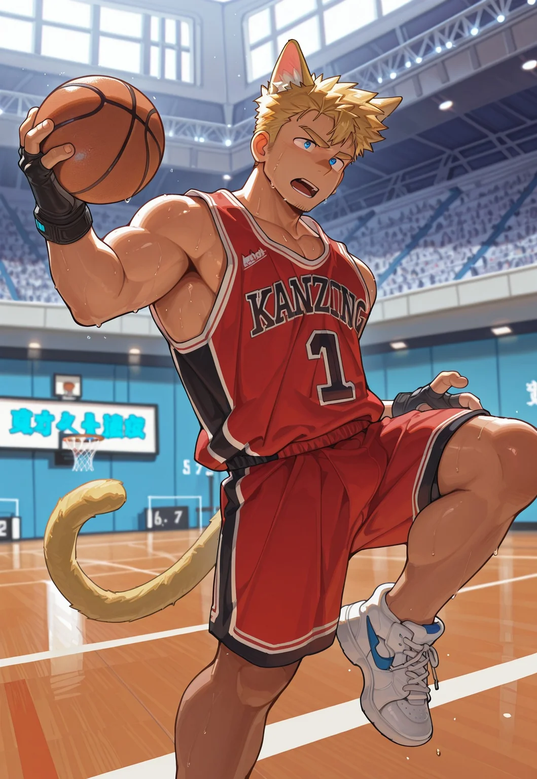 ra1ny, masterpiece, best quality, amazing quality, 1boy, solo, bara, male focus, blue eyes, blonde hair, cat tail, cat ears, sneakers, fingerless gloves, basketball jersey, throwing baseball, indoors, stadium, basketball court, sweat, open mouth
