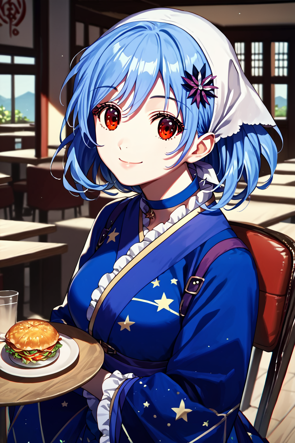 score_9, score_8_up, score_7_up, score_6_up, rating_safe, source_anime, best quality, masterpiece, detailed background, detailed eyes, restaurant, greeting, <lora:houkiboshi-xl-02:1>, houkiboshi, starry dress, white bandana, medium breasts, full breasts, smile, red eyes, light blue hair,