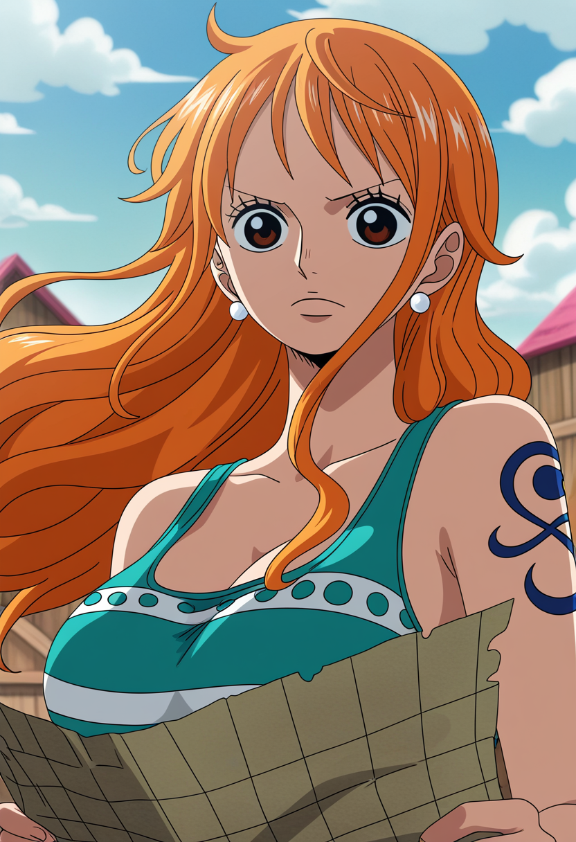 anime coloring, 1girl, nami \(one piece\), one piece, upper body, reading map, long hair, pearl earrings, hair blowing in wind, tank top, village, clouds, dramatic lighting, highres, anime screenshot
