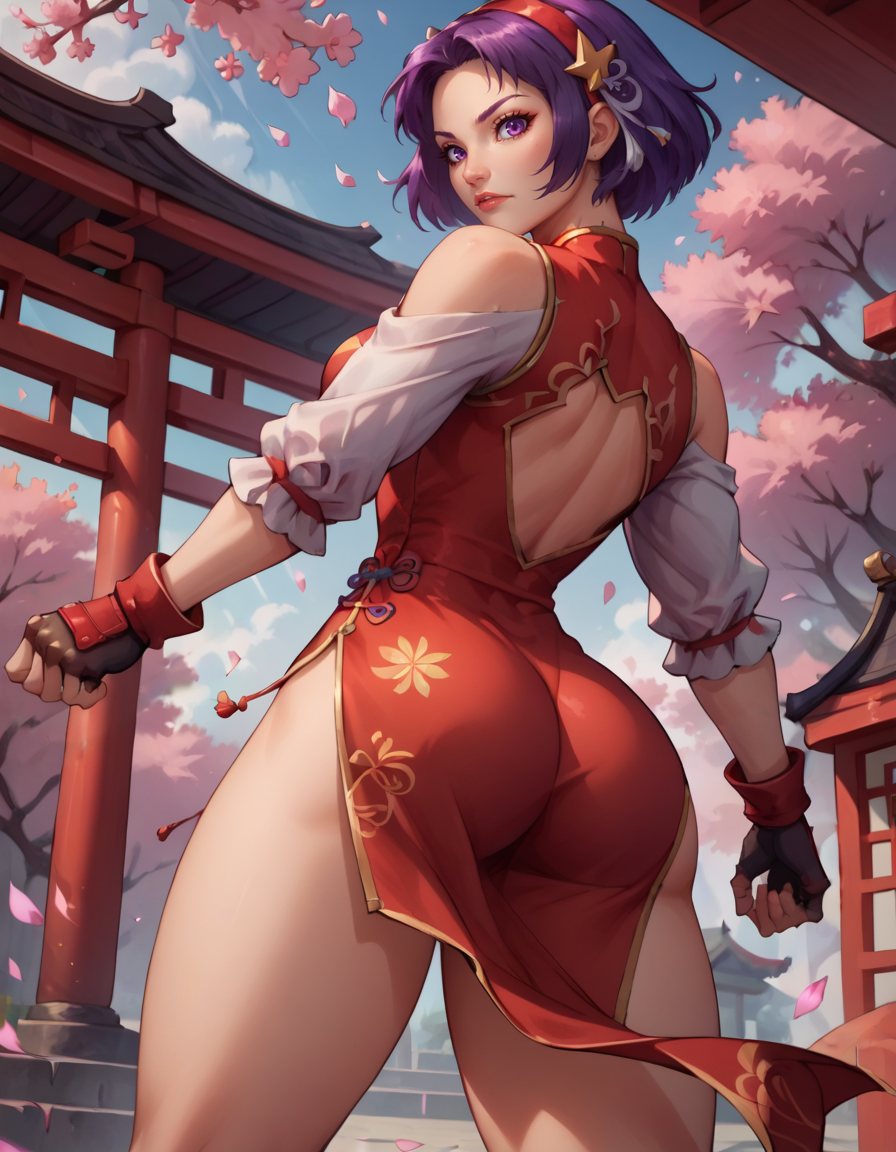 score_9, score_8_up, score_7_up,score_6_up, score_5_up, score_4_up ,1girl, solo,
large breasts,
athenaasamidg,
short hair, hair ornament, purple eyes, purple hair, 
chinese clothes, china dress, fingerless gloves, star hair, red hairband, 
fighting stance,
from below,
magic, 
looking at viewer, 
from behind, ass,
east asian architecture, petals, cherry blossoms, clenched hands, 
 <lora:AthenaAsamiDG PonyXL v01-000003:0.90>
