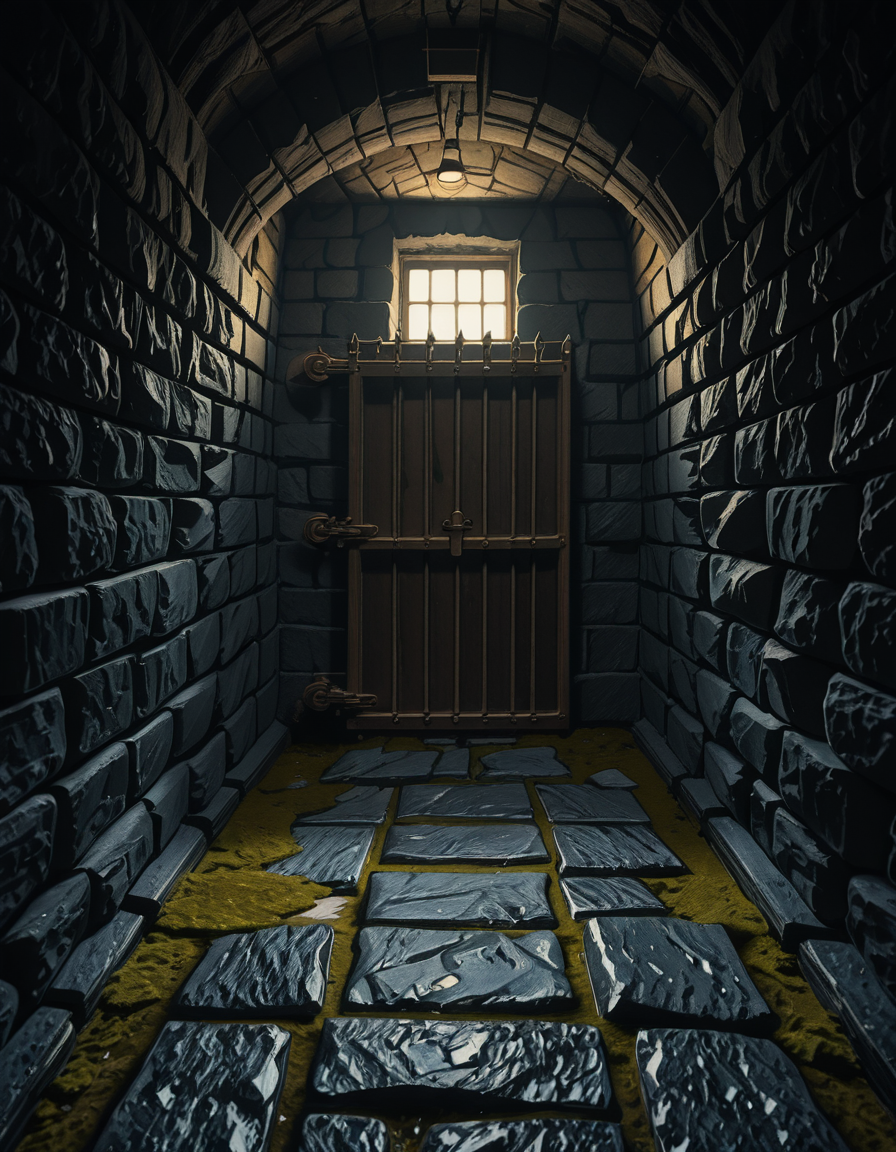A highly detailed, hyper-realistic photograph of a dark medieval dungeon prison cell. The scene is dimly lit by a single flickering torch mounted on a damp stone wall, casting eerie shadows across the rough, moss-covered stones. Heavy, rusted iron bars form the cell door, slightly ajar, with visible corrosion and ancient padlocks. Inside the cell, there is a straw-covered floor, old wooden buckets, and a crude, splintered wooden bench against the back wall. Chains and manacles hang loosely from the walls, showing signs of long-term use. The atmosphere is cold, humid, and oppressive, with faint light rays piercing through tiny cracks in the stone ceiling. Cobwebs stretch across the corners of the cell, and faint water drips from above, creating small puddles. The overall mood is grim, desolate, and foreboding. Photorealistic style, with high dynamic range (HDR) lighting and extreme attention to textures like rust, moisture, and decay.
<lora:SDXLFaeTastic2400:0.4> <lora:extremely_detailed:0.4> extremely detailed,medieval dungeon pr1s0n c3ll <lora:medieval_dungeon_pr1s0n_c3ll-i:1>, Masterpiece,best quality,hi res,8k,hi res,8k,award winning,(sharp focus, intricate, highly detailed),
