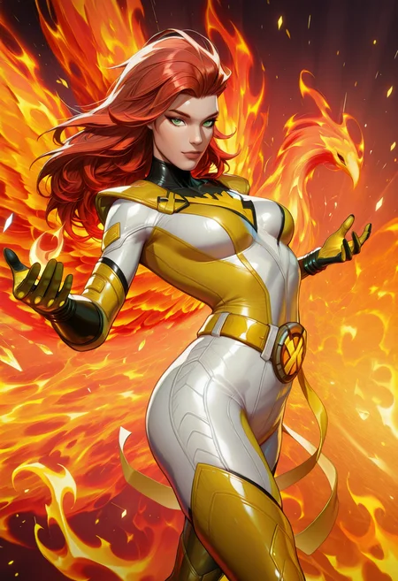 (EyesHD:1.2), masterpiece, best quality, amazing quality, highres, absurdres, very aesthetic, very awa, western, MarvelRivals, semi realistic, cartoon, shiny skin, skindentation,, 1girl, solo, end_jngr3y, green eyes, long hair, red hair, gradient hair, floating hair, small breasts,
BREAK,
bodysuit, thigh boots, boots, white bodysuit, multicolored bodysuit, yellow gloves, yellow thighhighs, yellow bodysuit, yellow belt, yellow waist ribbon, yellow sash, phoenix symbol, phoenix flames, 
BREAK,
looking at viewer, dynamic pose, flying,, cowboy shot, dutch angle, multicolored background,, hyper detailed, volumetric lighting, lazypos, <lora:AMarvelRivals_style-06:1.0000000000000002> <lora:Jean_Grey_X-men_Character_LoRA_Illustrious:0.9000000000000001> <lora:illustrious_quality_modifiers_masterpieces_v1:1.0000000000000002> <lora:spo_sdxl_10ep_4k-data_lora_webui:0.8000000000000002>