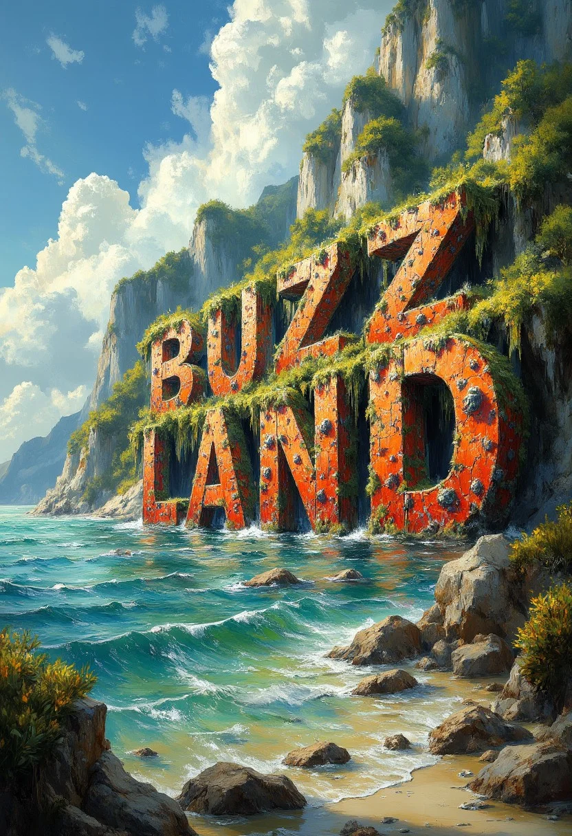 Dreamlike painting of a surreal oceanfront where cliffs and coral-covered rock formations spell "BUZZ LAND." The letters emerge from the water, with seaweed, shells, and marine life clinging to their surfaces. The scene features vivid, painterly details of sparkling water and a sky painted in dramatic, expressive hues.