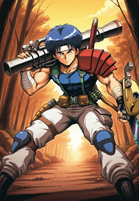 masterpiece, best quality, amazing quality, very aesthetic, absurdres, newest, ffl1humanm, 1boy, blue hair, male focus, white headband, single red pauldron, single white pauldron, pouch, blue kneepads, green belt, holster, brown eyes, toned male, grenade belt, black boots, green suspenders, blue vest, single black fingerless glove, single bandaged wrist, action pose, looking at viewer, holding rocket launcher, weapon over shoulder, holding chainsaw, weapon on back, 