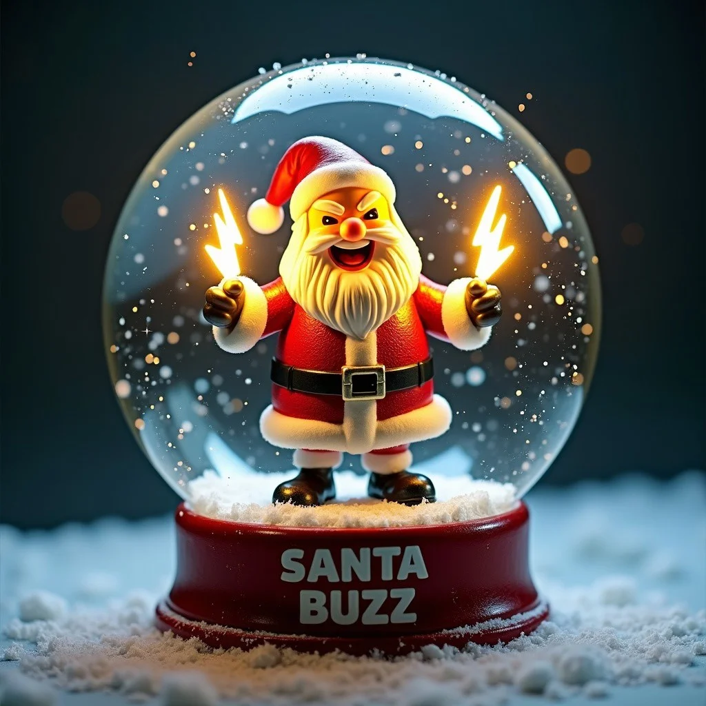 A realistic photo of a snow globe. The snow globe has inside a cartonish statue of santa claus. Santa claus in a evil laugh pose. Santa is holding in each hand yellow lighting bolt logo shaped figures that emit shiny electric sparks. The base of the globe has an inscription that says "SANTA BUZZ"
