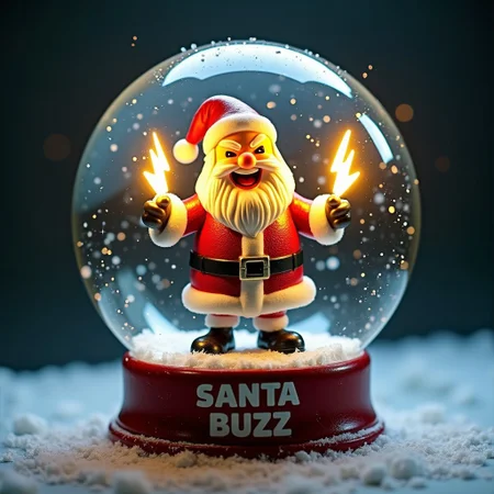 A realistic photo of a snow globe. The snow globe has inside a cartonish statue of santa claus. Santa claus in a evil laugh pose. Santa is holding in each hand yellow lighting bolt logo shaped figures that emit shiny electric sparks. The base of the globe has an inscription that says "SANTA BUZZ"