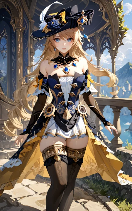 extreme detailed 1girl, masterpiece, ultra-detailed, an extremely delicate and beautiful, solo, navia /(genshin impact/), blue eyes, messy hair, dress, detached sleeves, jewelry, black thighhighs, hat, stay, outdoor, <lora:Navia_XL_LoRA:1>, <lora:Desolation:0.5> <lora:aesthetic_anime_v1s:0.6>