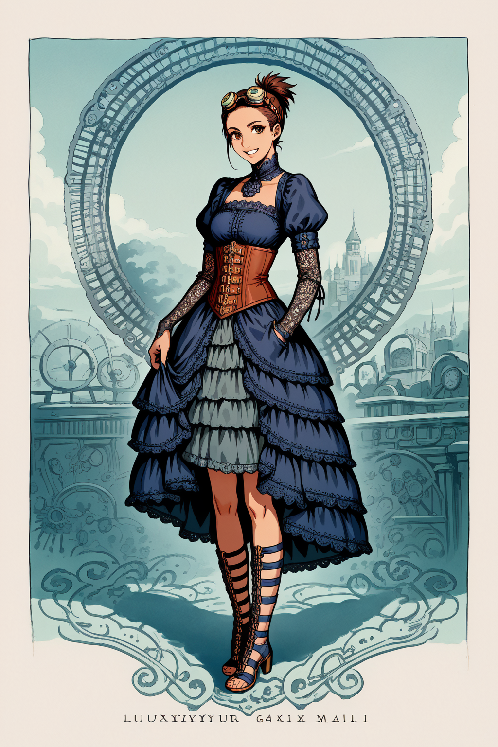 score_9, score_8_up, score_8, score_7_up, source_anime, 
1girl, katou megumi, Megumi <lora:KatoMegumi:1>,brown hair,katou megumi,brown eyes, medium breasts , short hair,  ponytail ,masterpiece, best quality, steampunk theme, victorian cityscape background, wearing a detailed steampunk dress with brass and leather accents, intricate corset, puffed sleeves, lace gloves, goggles resting on her head, holding a small pocket watch, standing near a steam-powered contraption, gears and pipes in the foreground, warm sepia tones, soft sunlight breaking through clouds, gentle smile, elegant pose, side-angle perspective, detailed textures, cinematic atmosphere, intricate mechanical elements, Gladiator Sandals