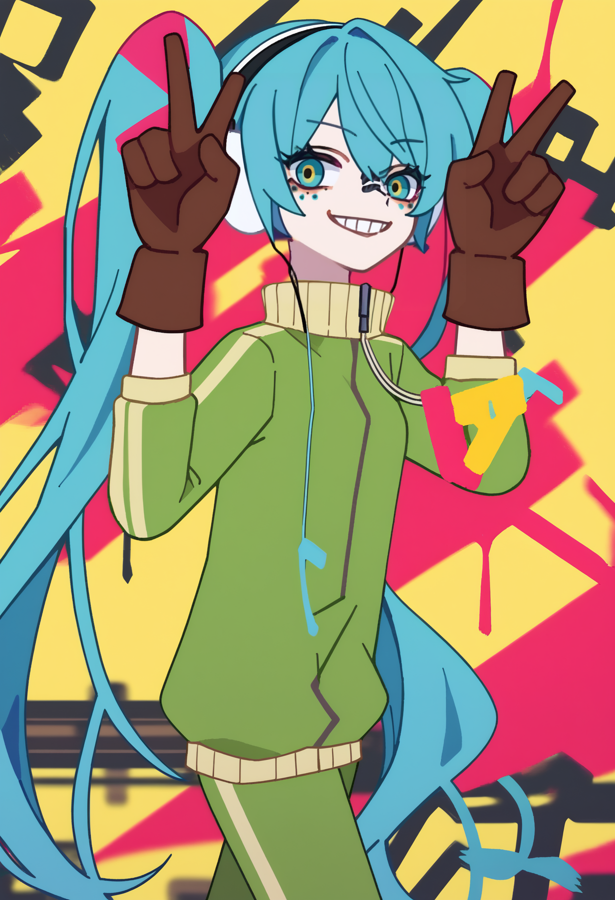 score_9, score_7_up, <break> simple background, yellow background, solo, 1girl, matroyshkamiku, grin, looking at you, standing, peace sign, twintails, headphones, multicolored eyes, green jacket, track jacket, brown gloves, green pants
 <segment:yolo-face_yolov8m.pt,0.4,0.5//cid=1>