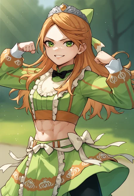 score_9, score_8_up, score_7_up, source_anime, 1girl, cowboy shot, looking at you, grin, flexing, BREAK <lora:EtieFE-pdxl:1> defEtie, long hair, hair bow, tiara, black bowtie, green crop top, long sleeves, midriff, green skirt, frills, white bow, black pantyhose, outdoors