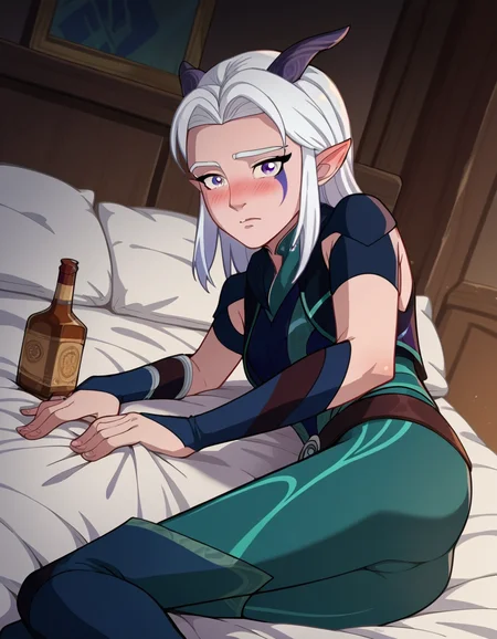 score_9, score_8_up, score_7_up, source_anime,
rayla, <lora:the-dragon-prince-rayla-ponyxl-lora-nochekaiser:1>,
rayla, long hair, white hair, horns, pointy ears, purple eyes,
boots, belt, bodysuit,
indoors, bed, bed room, on side, blush, drunk,
looking at viewer, dutch angle, cowboy shot,