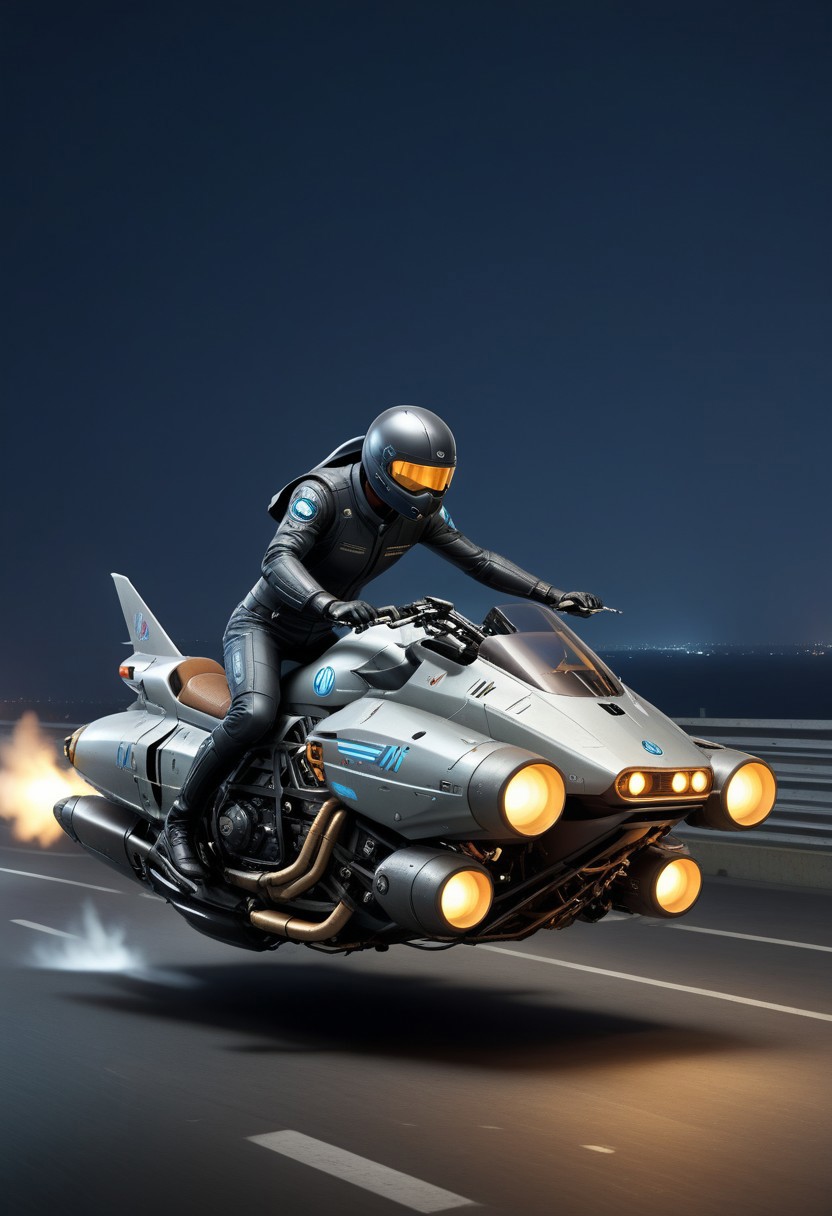 sci-fi, cyberpunk, vehicle, hover_bike, pilot, soft lighting, Hovering motorcycle, wheelless motorcycle, no wheels, after burner, jet propulsion, night, (racing circuit:1.2),