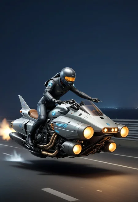 sci-fi, cyberpunk, vehicle, hover_bike, pilot, soft lighting, Hovering motorcycle, wheelless motorcycle, no wheels, after burner, jet propulsion, night, (racing circuit:1.2),