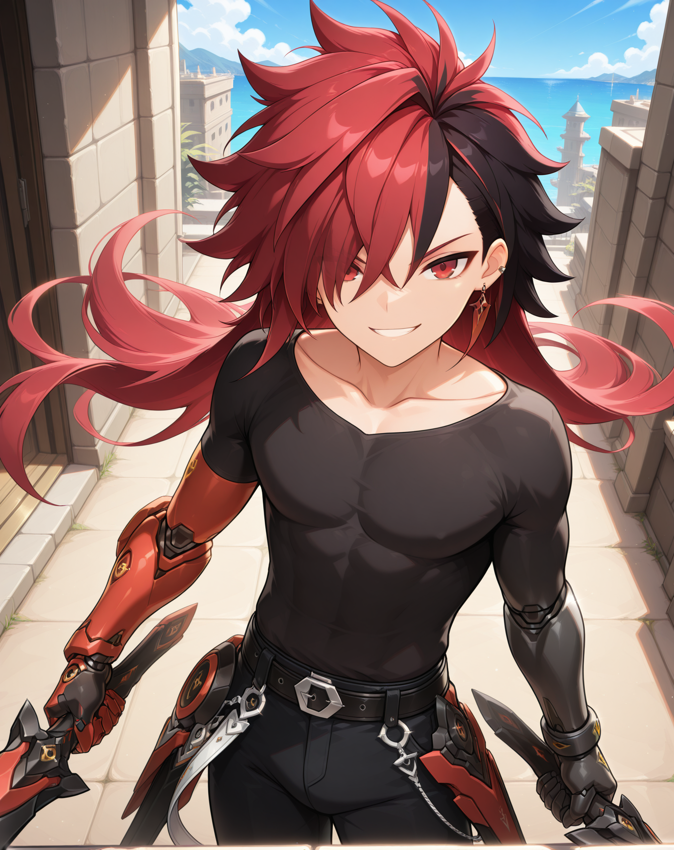 masterpiece, amazing quality, best quality, absurdres, very aesthetic,
1boy, solo, yaoi, male focus, cowboy shot, upper body, looking at viewer, face focus,
<lora:Elsword_Immortal_ilxl:1> elswordim, red eyes, multicolored hair, red hair, two-tone hair, black hair, long hair, streaked hair, hair over one eye,
black pants, belt, gloves, single mechanical arm, mechanical arms, collarbone, shirt, grin, jewelry, earrings,
holding weapon, holding sword, dual wielding,
outdoors, day, blue sky,