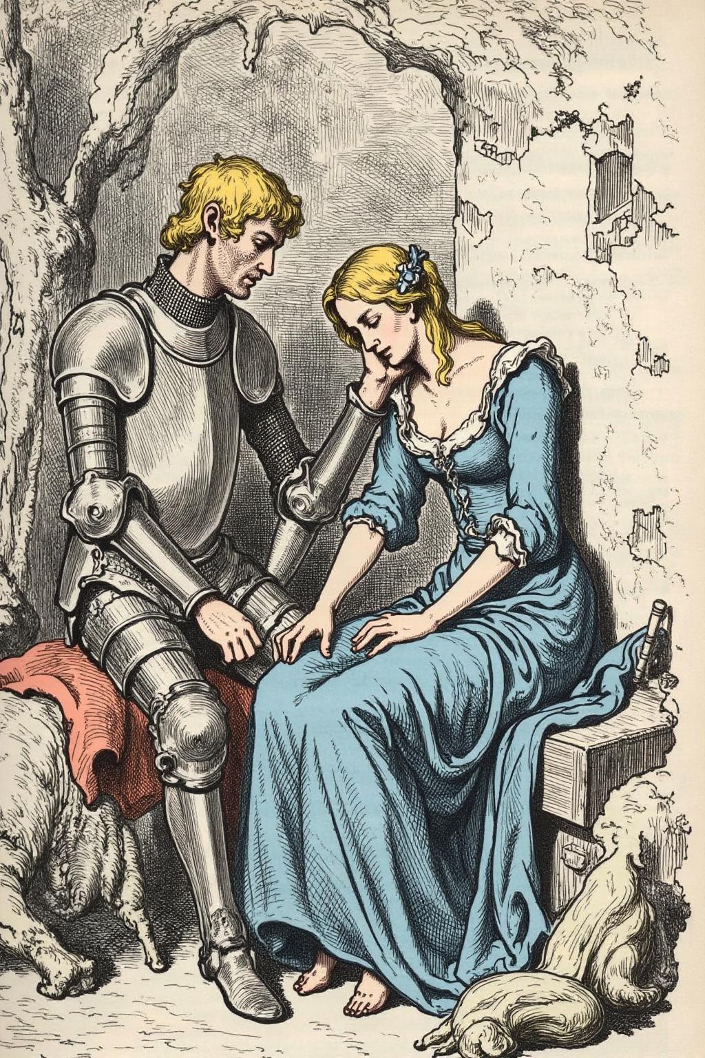 gusdore1illustration of a blonde knight and a lady sitting under a tree. The lady wearing a blue dress. The knight is sleeping with his head on the leg of the lady <lora:gusdore1_nocap_d4a2e8:0.9><lora:801218671813862764:0>