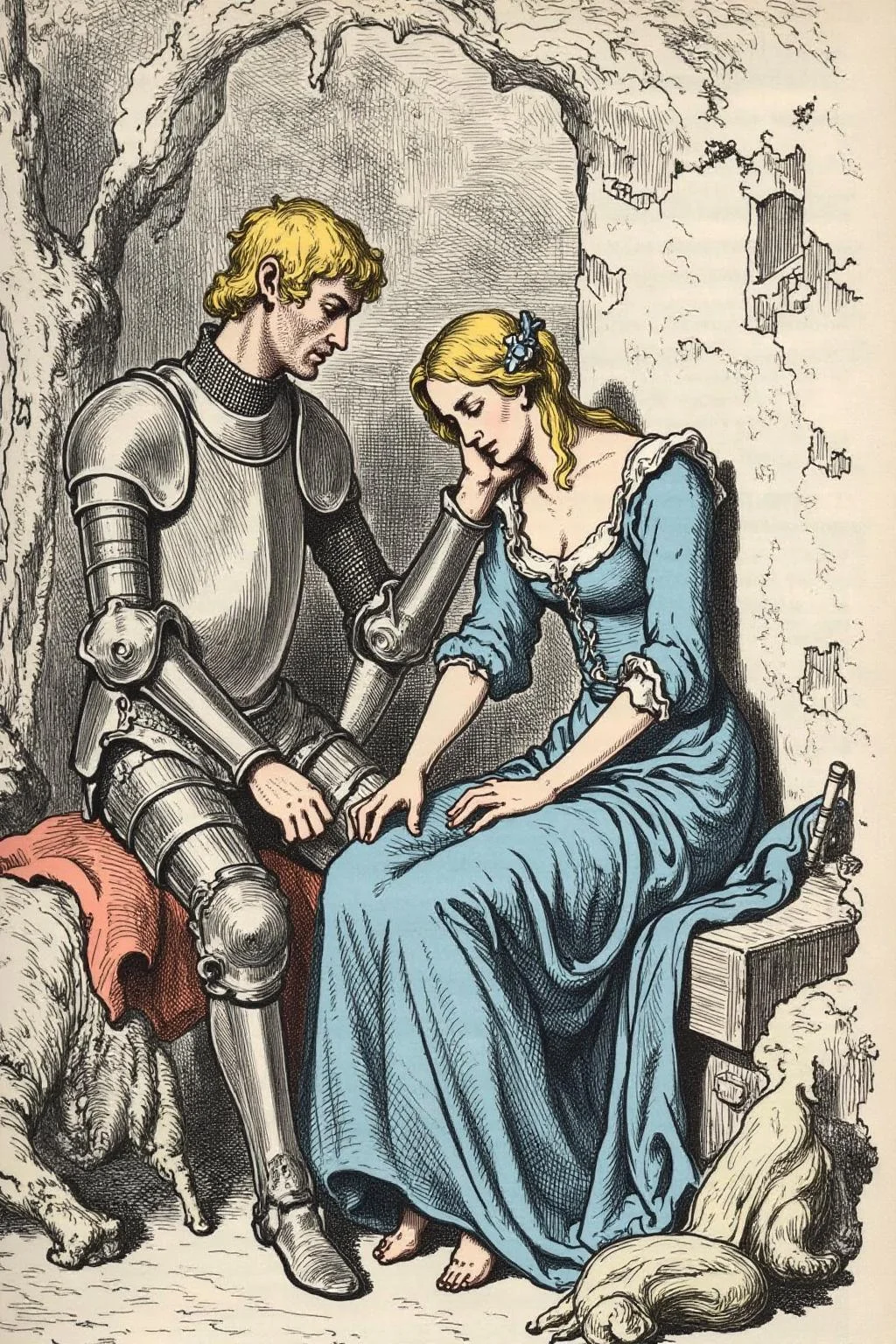 gusdore1illustration of a blonde knight and a lady sitting under a tree. The lady wearing a blue dress. The knight is sleeping with his head on the leg of the lady <lora:gusdore1_nocap_d4a2e8:0.9><lora:801218671813862764:0>