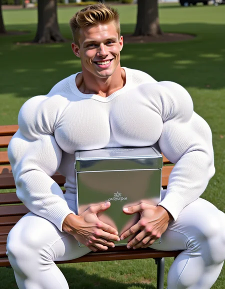@pcsntp1 a muscular man sitting on a park bench. (He is dressed wearing a white sweater and white pants.  He is hugging a big reflective chrome metal box against his chest)
He has a muscular physique specifically his large top heavy upper body, his extra large chest is exaggerated, excessively large and bulky, covering the top of the box. The box has words "Chrome188" engraved on the side. With smile he is looking at the viewer.
<lora:PecsOnTop.Style.V1.flux1d_epoch_9:0.9>