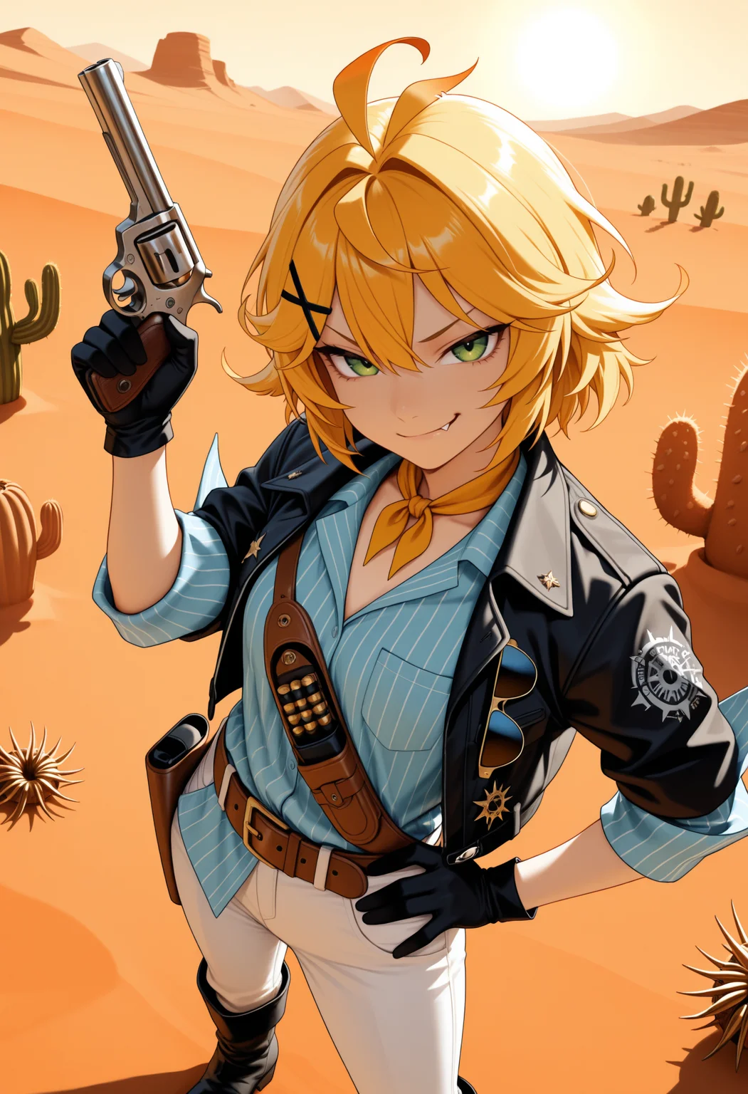 masterpiece, best quality, 1girl, solo, D0kiDef, green eyes, blonde hair, short hair, spiky hair, x hair ornament, skin fang, yellow neckerchief, blue shirt, striped shirt, collared shirt, sleeves rolled up, bandolier, brown belt, holster, black jacket, unworn eyewear, eyewear hang, black gloves, white pants, black boots, holding gun, revolver, hand on hip, smirk, outdoors, desert, cactus, tumbleweed, orange theme, sunbeam, sun, from above, looking at viewer, <lora:ChamDokibirdNoob:1>