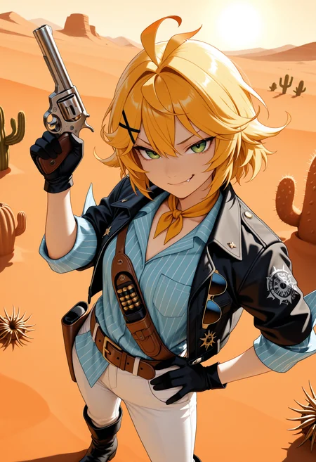 masterpiece, best quality, 1girl, solo, D0kiDef, green eyes, blonde hair, short hair, spiky hair, x hair ornament, skin fang, yellow neckerchief, blue shirt, striped shirt, collared shirt, sleeves rolled up, bandolier, brown belt, holster, black jacket, unworn eyewear, eyewear hang, black gloves, white pants, black boots, holding gun, revolver, hand on hip, smirk, outdoors, desert, cactus, tumbleweed, orange theme, sunbeam, sun, from above, looking at viewer, <lora:ChamDokibirdNoob:1>