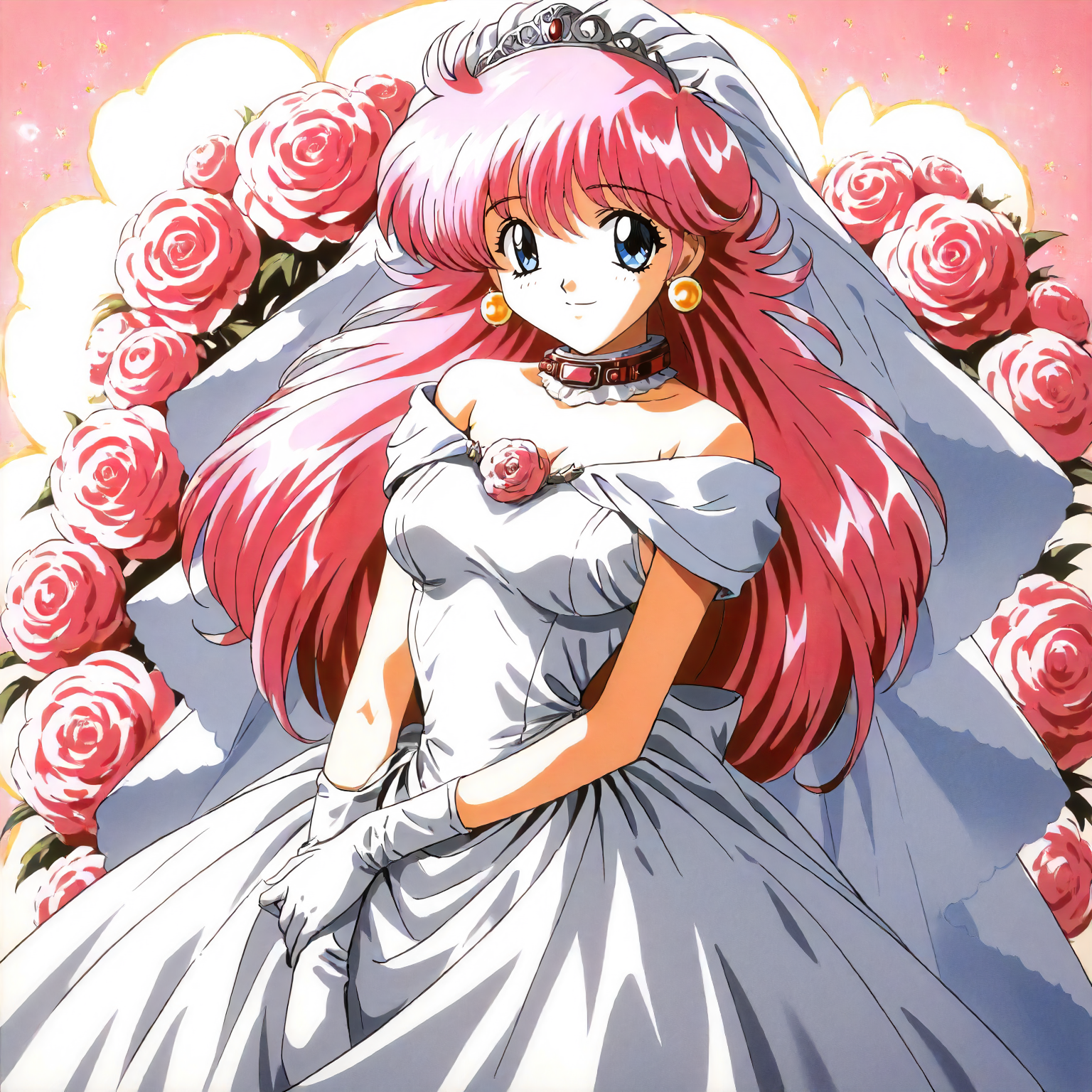 <lora:RC_sill_plainXLanimagine001>,
masterpiece,high score,great score,absurdres,
flower background,glitter,
smile,
looking at viewer,
solo,
anime coloring,retro artstyle,1990s (style),
sill_plain\(rance_series\),1girl,pink hair,long hair,blue eyes,earrings,
cowboy shot,standing,
wedding_dress,
