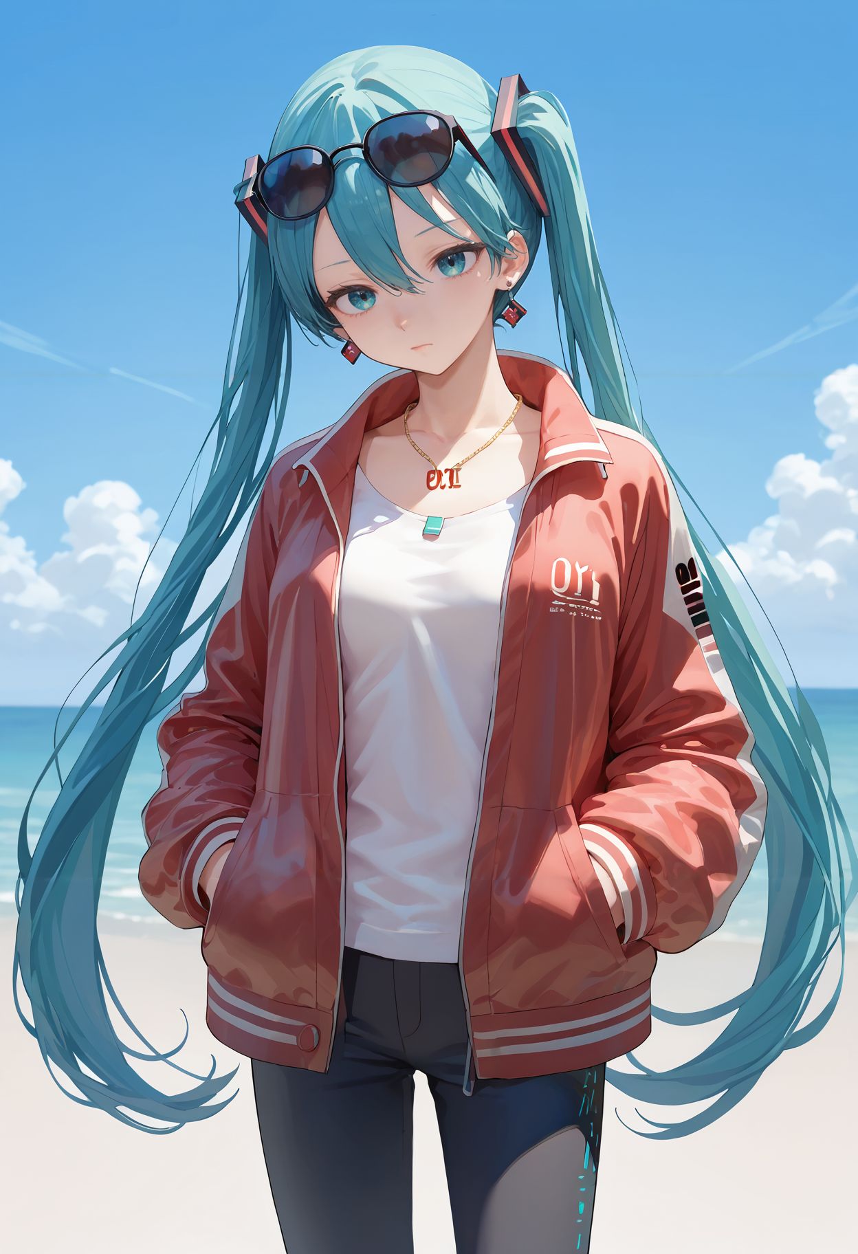 score_9,score_8_up,score_7_up, <lora:jima_style_pdxl_goofy:1>1girl, hatsune miku, aqua eyes, aqua hair, blue eyes, blue sky, closed mouth, collarbone, cowboy shot, day, earrings, expressionless, eyewear on head, floating hair, hair between eyes, hands in pockets, jacket, jewelry, long hair, long sleeves, looking at viewer, necklace, open clothes, open jacket, outdoors, pants, red jacket, shirt, sky, solo, sunglasses, twintails, very long hair, white shirt