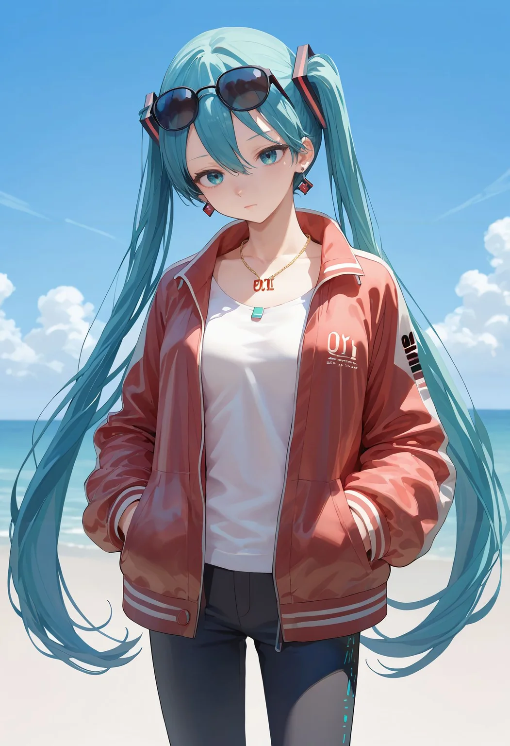 score_9,score_8_up,score_7_up, <lora:jima_style_pdxl_goofy:1>1girl, hatsune miku, aqua eyes, aqua hair, blue eyes, blue sky, closed mouth, collarbone, cowboy shot, day, earrings, expressionless, eyewear on head, floating hair, hair between eyes, hands in pockets, jacket, jewelry, long hair, long sleeves, looking at viewer, necklace, open clothes, open jacket, outdoors, pants, red jacket, shirt, sky, solo, sunglasses, twintails, very long hair, white shirt