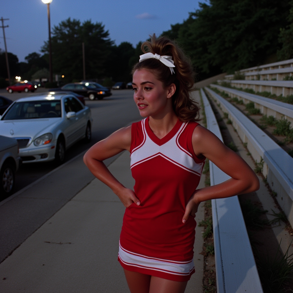 analog film photo 3/4 body shot on vintage Kodak film, a classic 80s cheerleader standing by the school bleachers under cool dusk light, bright red-and-white uniform hugging her athletic frame, voluminous high ponytail tied with a thick satin ribbon, flushed cheeks and soft shimmer eyeshadow, white sneakers scuffed from the court, one hand on hip and pom-poms dangling, subtle lens flare from the parking lot lights behind her, eerie cinematic pause as if frozen between scream and spotlight, beauty and tension balanced in analog stillness
  <lora:final-girlsv2.1:0.9> fgsv3 . faded film, desaturated, 35mm photo, grainy, vignette, vintage, Kodachrome, Lomography, stained, highly detailed, found footage, RAW candid cinema, 16mm, color graded portra 400 film, remarkable color, ultra realistic, textured skin, remarkable detailed pupils, realistic dull skin noise, visible skin detail, skin fuzz, dry skin, shot with cinematic camera