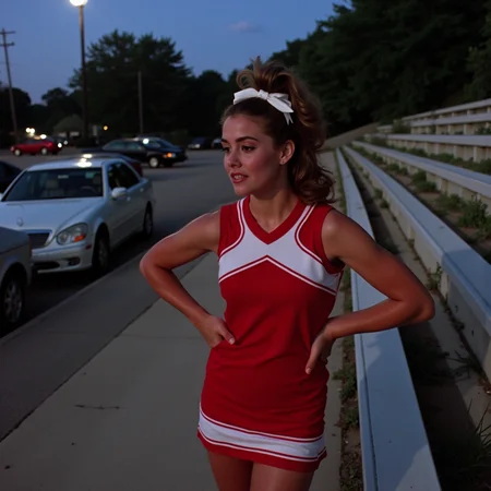 analog film photo 3/4 body shot on vintage Kodak film, a classic 80s cheerleader standing by the school bleachers under cool dusk light, bright red-and-white uniform hugging her athletic frame, voluminous high ponytail tied with a thick satin ribbon, flushed cheeks and soft shimmer eyeshadow, white sneakers scuffed from the court, one hand on hip and pom-poms dangling, subtle lens flare from the parking lot lights behind her, eerie cinematic pause as if frozen between scream and spotlight, beauty and tension balanced in analog stillness
<lora:final-girlsv2.1:0.9> fgsv3 . faded film, desaturated, 35mm photo, grainy, vignette, vintage, Kodachrome, Lomography, stained, highly detailed, found footage, RAW candid cinema, 16mm, color graded portra 400 film, remarkable color, ultra realistic, textured skin, remarkable detailed pupils, realistic dull skin noise, visible skin detail, skin fuzz, dry skin, shot with cinematic camera