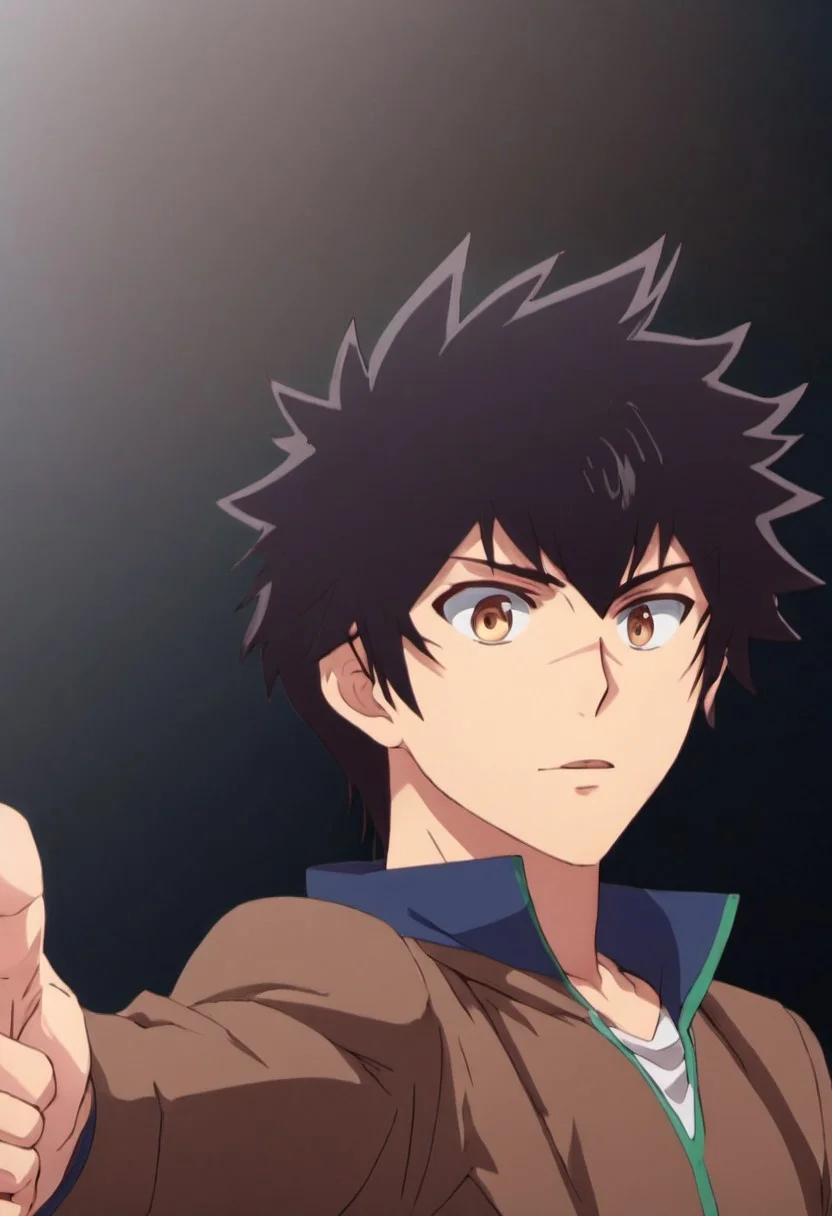 high resolution, solo, best quality, 1Boy, Kanata Hoshijima, Black hair, Brown Eyes, Pointing towards the viewer, engaging, direct, focused,