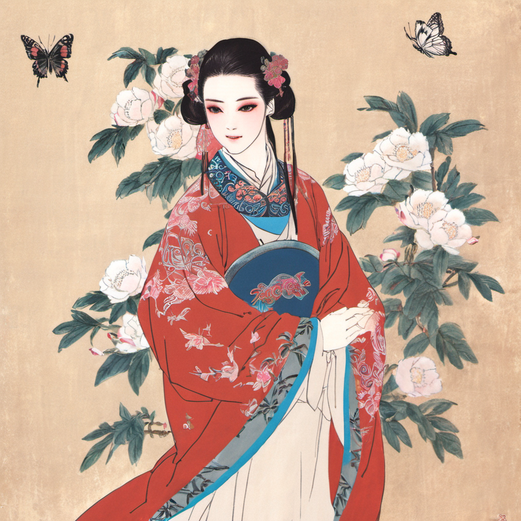 SumeragiNatsuki, (best quality), (masterpiece), Chinese girl,hanfu, garden, floral background, butterfly